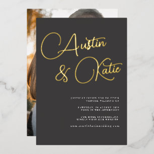 Virtual Wedding mit Black and Gold Script-Typograf Folieneinladung