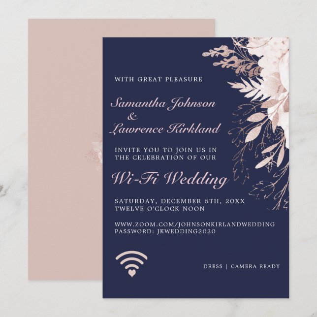 Virtual WiFi Wedding Dusty Rose Floral Navy Blue Einladung (Vorne/Hinten)