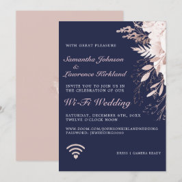Virtual WiFi Wedding Dusty Rose Floral Navy Blue Einladung