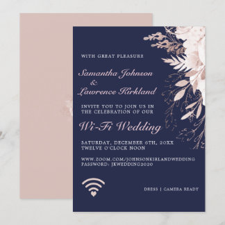 Virtual WiFi Wedding Dusty Rose Floral Navy Blue Einladung