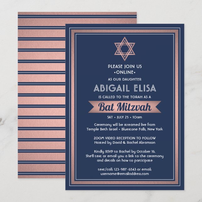 Virtual Zoom Bat Mitzvah Navy Blue Pink Rose Gold Einladung (Vorne/Hinten)