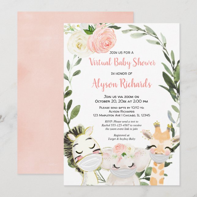 Virtuelle Baby Dusche rosa Grüne Safari Tiere Einladung (Vorne/Hinten)