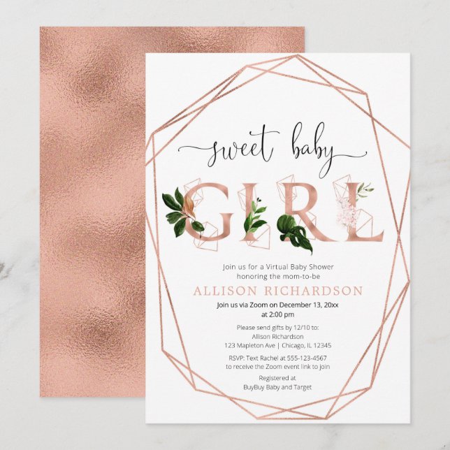 Virtuelle Babydusche Rose Gold Einladung (Vorne/Hinten)