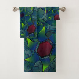 Virtuelle Blüte mit dunkelrotem Hexagon mit blauer Badhandtuch Set