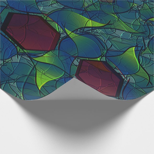 Virtuelle Blüte mit dunkelrotem Hexagon mit blauer Geschenkpapier (Ecke)