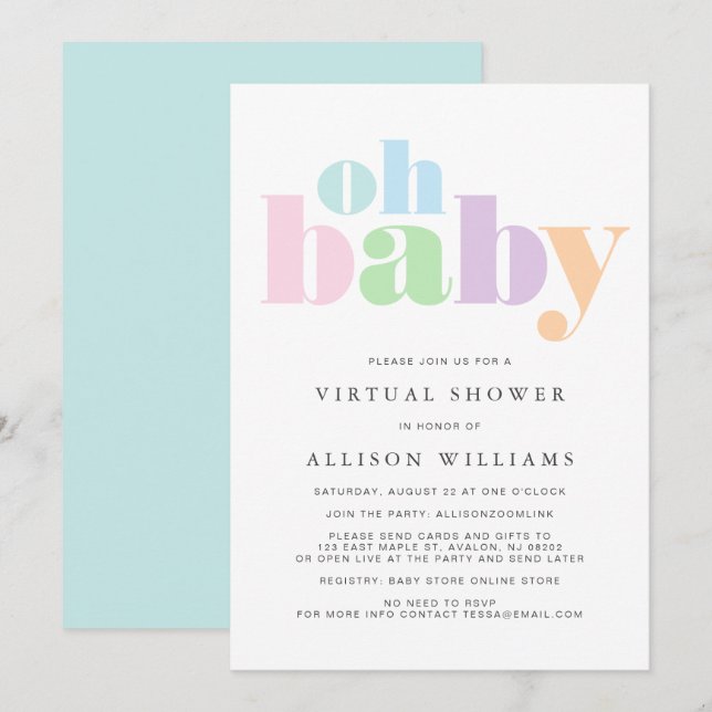 Virtuelle Dusche Oh Baby Pastel Moderne Typografie Einladung (Vorne/Hinten)