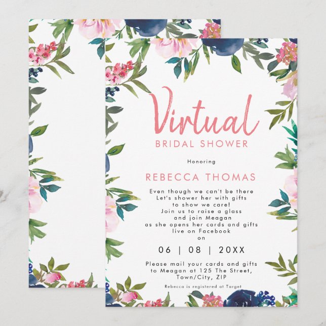 virtuelle Dusche per Post rosa Blumenkohl Brautpar Einladung (Vorne/Hinten)