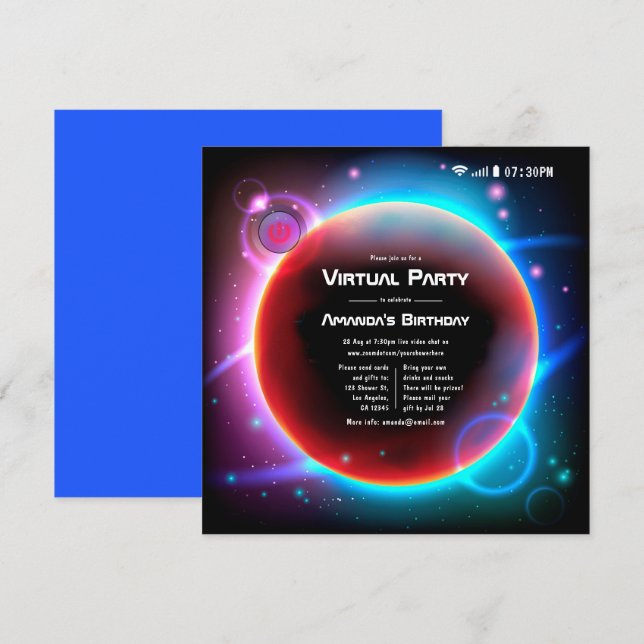 Virtuelle Geburtstagsparty zum Thema "Space" Einladung (Vorne/Hinten)