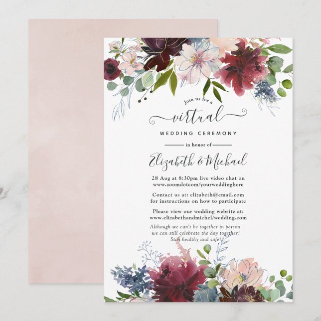 Virtuelle Hochzeit in Burgund, Navy und Blush Einladung (Vorne/Hinten)