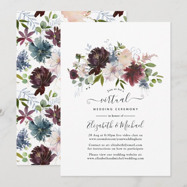 Virtuelle Hochzeit in Burgund und Blush Einladung (Vorne/Hinten)