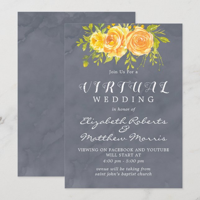 Virtuelle Hochzeit von gelben und grauen Wasserfar Einladung (Vorne/Hinten)
