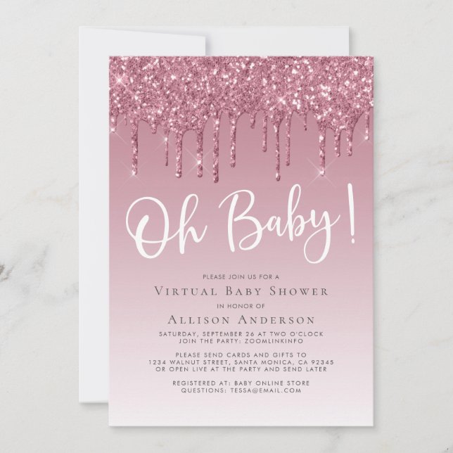 Virtueller Duschkopf-Glitzer Oh Baby Girl Pink Einladung (Vorderseite)