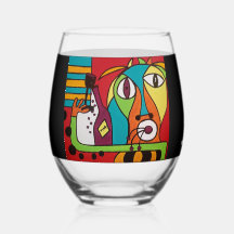 Visage abstrait avec verre à vin sans pied