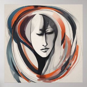 Visage Élégant de Femme Brun Bleu Art Mural Abstra