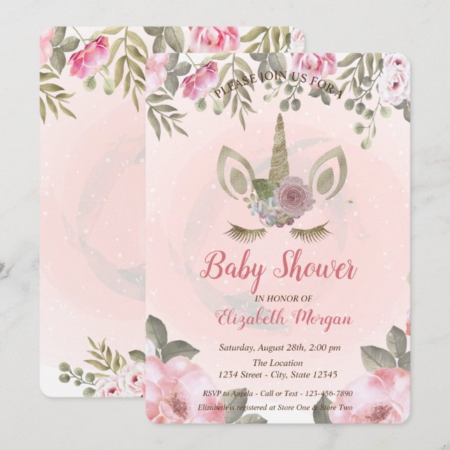 Visage Unicorne mignonne, Invitation Baby shower F (Devant / Derrière)