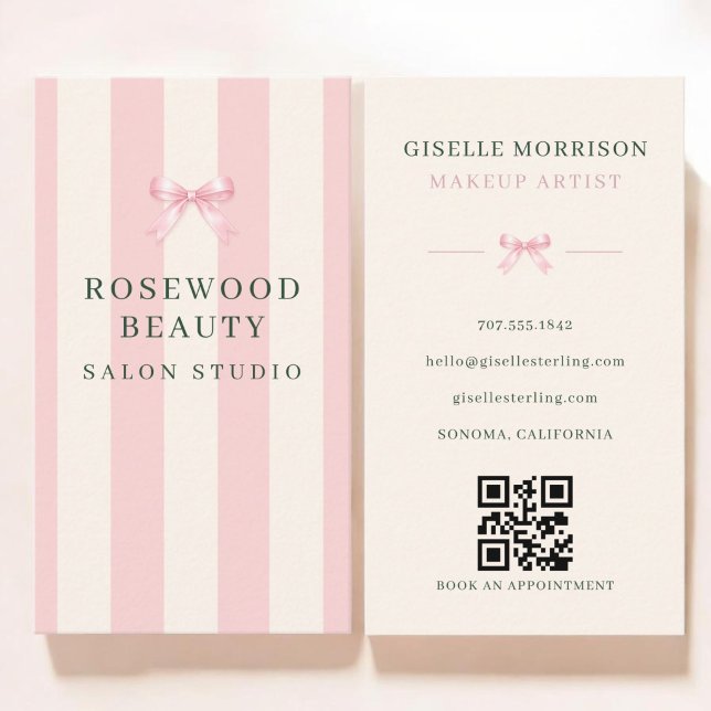 Visagist Pink Grün Gestreifter Bogen QR Code Visitenkarte (Von Creator hochgeladen)