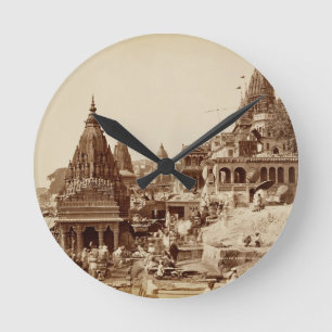 Vishnu Pud und andere Tempel, Benares (Sepia-Foto Runde Wanduhr