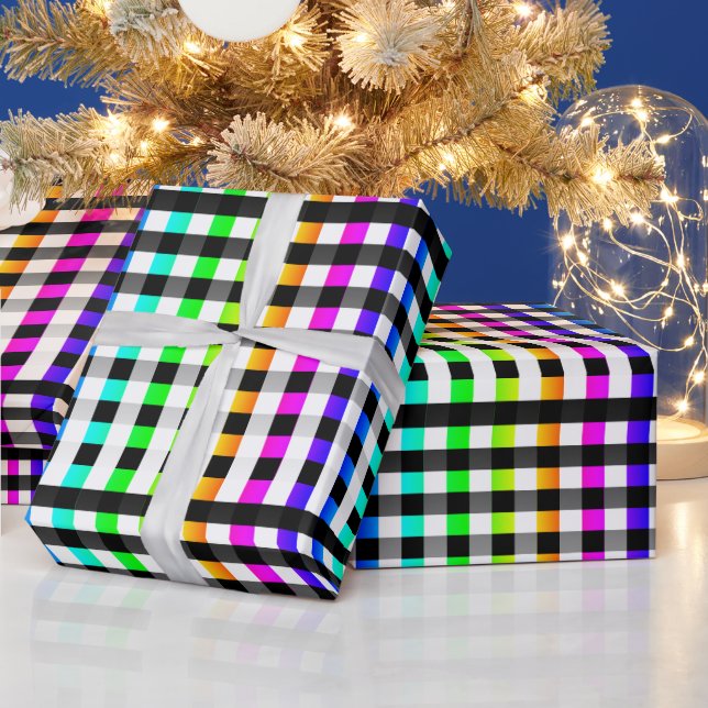 Vishy Checkered Pattern Regenbogen Weiß Kariert Geschenkpapier (Feiertage)
