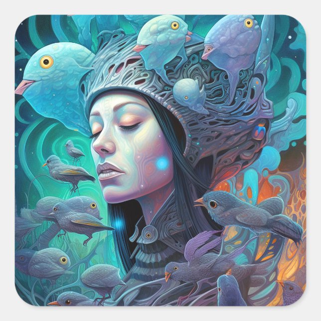 Visionäre Kunst der surrealen weiblichen Vögel Quadratischer Aufkleber (Vorderseite)