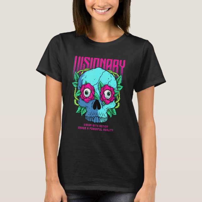 Visionary Gothic Red Rose and Skull Head Motivatio T-Shirt (Vorderseite)
