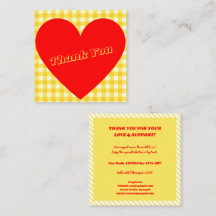 Carte de remerciement cœur rouge gingham jaune pou
