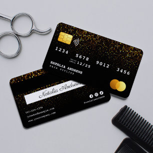 Visite Carte de crédit de coiffeur pailletée noir doré te