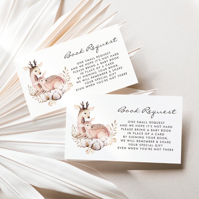 Visite Carte de demande de réservation pour les cerfs de  (Woodland theme book request card featuring watercolor mommy and baby deer and boho wreath.)