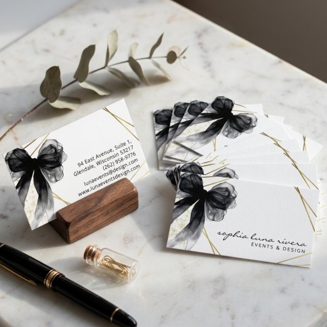 Visite Carte de luxe de marque Script Black Bow Gold (Script Black Bow Gold Luxury Branding Card)