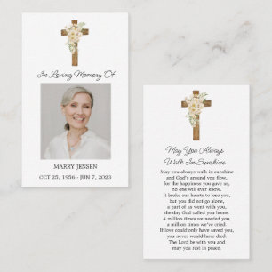 Visite Carte de prière funéraire avec croix et rose blanc