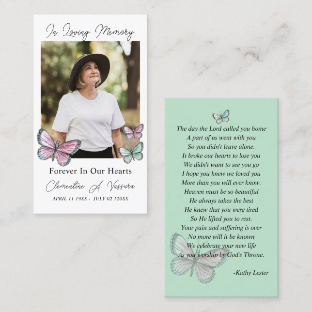 Visite Carte de prière mémorielle funéraire papillon Phot (Devant / Derrière)