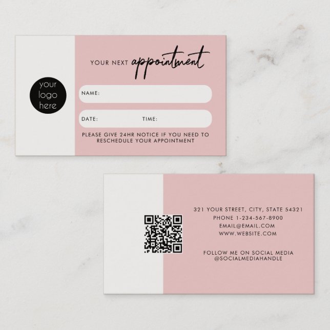 Visite Carte de rendez-vous client rose Code QR Logo d'en (Devant / Derrière)