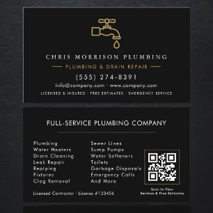 Visite Carte de service de plomberie Code QR Black & Gold