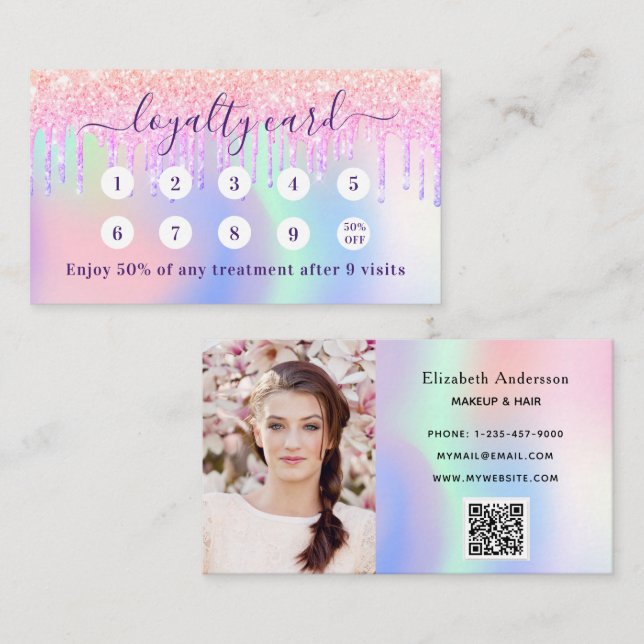Visite Code qr rose holographique carte de fidélité photo (Devant / Derrière)