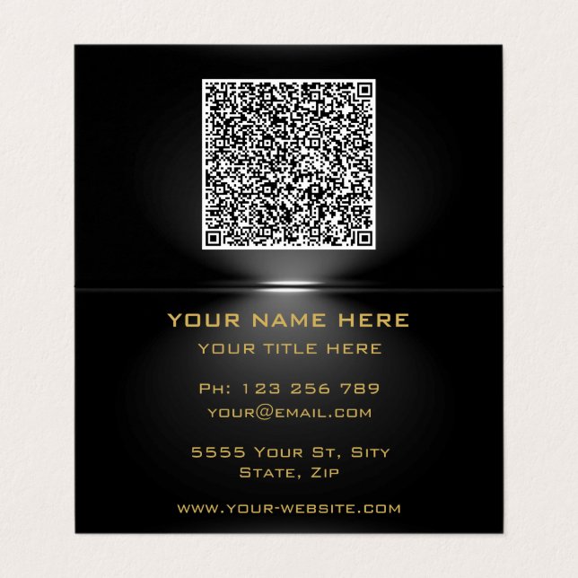 Visite Code QR sous Spotlight Golden Black Carte de visit (Extérieur déplié)
