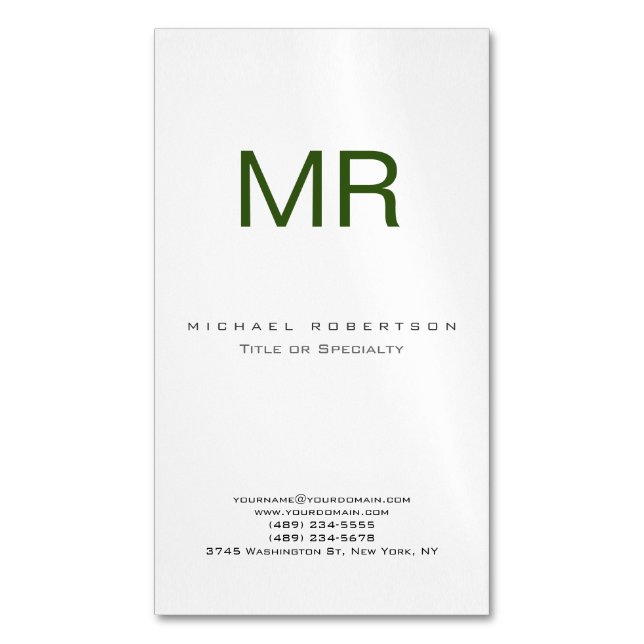 Visite Magnétique Chubby Moderne Monogramme Blanc Vert Carte de visi (devant Vertical)
