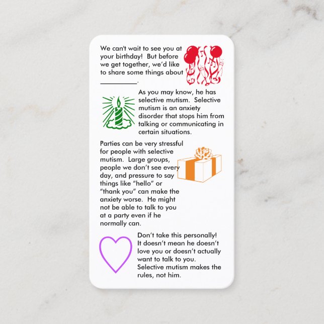 Visite Mutisme sélectif Anniversaire Garçon Carte de visi (Devant)