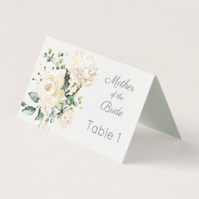 Visite Rose blanche mariage, carte de place hydrangea (Devant)