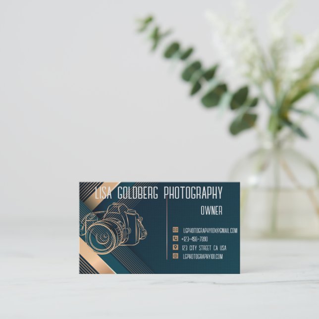 Visitenkarte für Fotografen Aquamarin, Gold angepa (Stehend Vorderseite)
