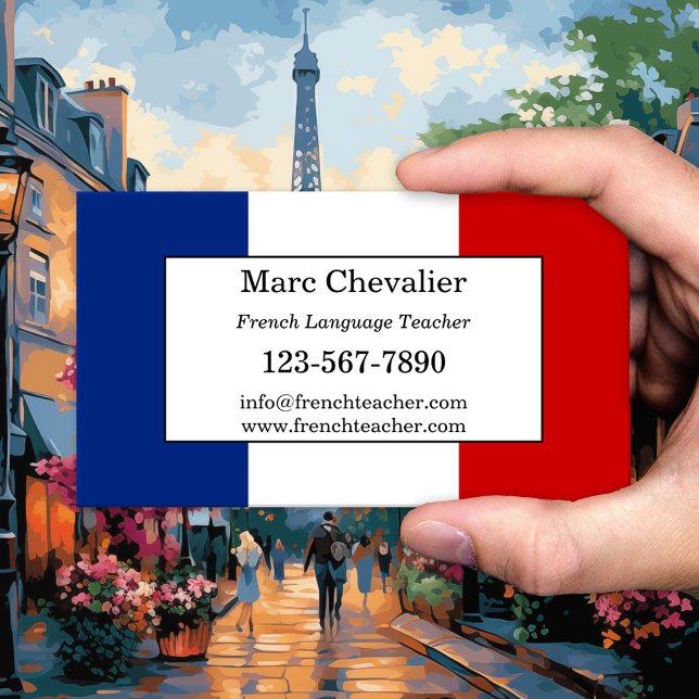Visitenkarte für Französischsprachige Lehrer (Business card for a teacher of the French language with the French flag as background)