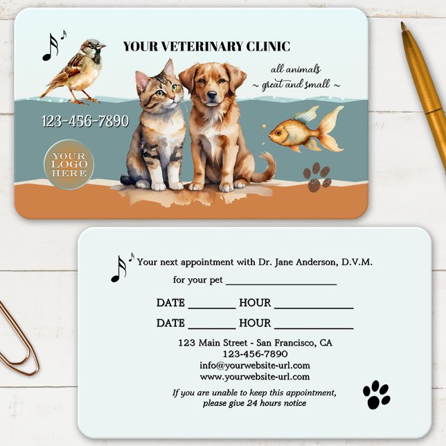 Visitenkarte für tierärztliche Versorgung Terminkarte (Professional business card for a veterinarian or pet clinic featuring watercolor animals)