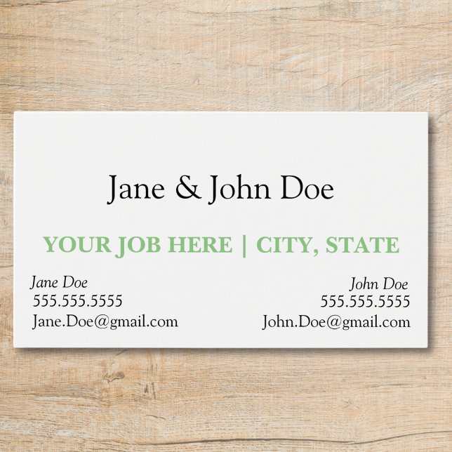 Visitenkarte mit Platz für zwei Namen (business card with slot for two names professional black and white with green text, two contacts)