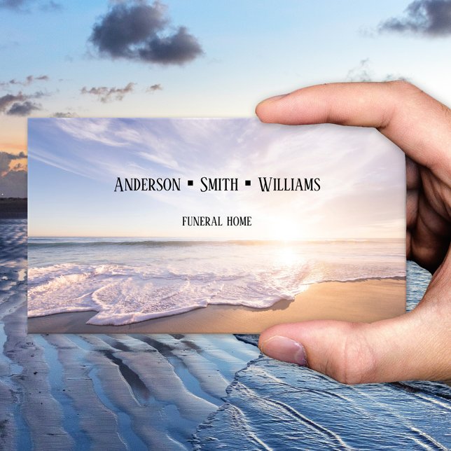Visitenkarte zur Beerdigung von Cremerationsdienst (A business card featuring a sunset on the beach. Cremation services - undertaker - funeral home)