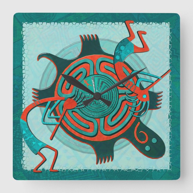 Visitors Anasazi Native Folk Art Quadratische Wanduhr (Vorderseite)