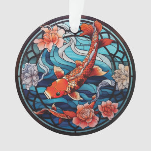 Vitrail asiatique style Koi Poisson et Camellias