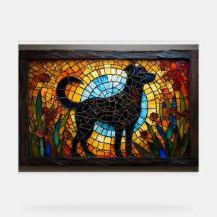 Vitrail d'un chien aux couleurs vives