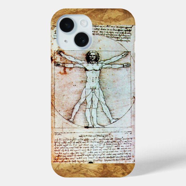 VITRUVIAN MAN , antikes braunes Pergament iPhone 15 Hülle (Rückseite)