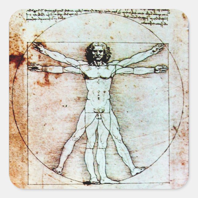 VITRUVIAN MAN , antikes braunes Pergament Quadratischer Aufkleber (Vorderseite)