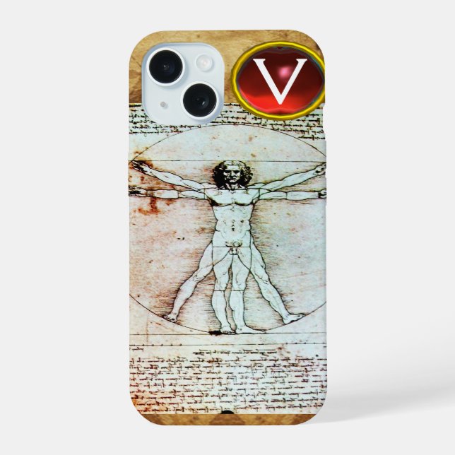 VITRUVIAN MAN Antikes Pergament Rot Rubin Monogram iPhone 15 Hülle (Rückseite)
