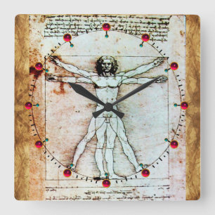 VITRUVIAN MAN Antique Parchment Red Ruby Gemstones Quadratische Wanduhr