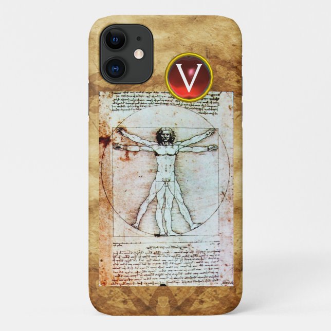 VITRUVIAN MAN Antique Parchment Red Ruby Monogram Case-Mate iPhone Hülle (Rückseite)